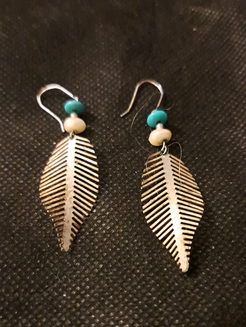 Silver Leaf Drop Earrings with Turquoise & Pearl Accents